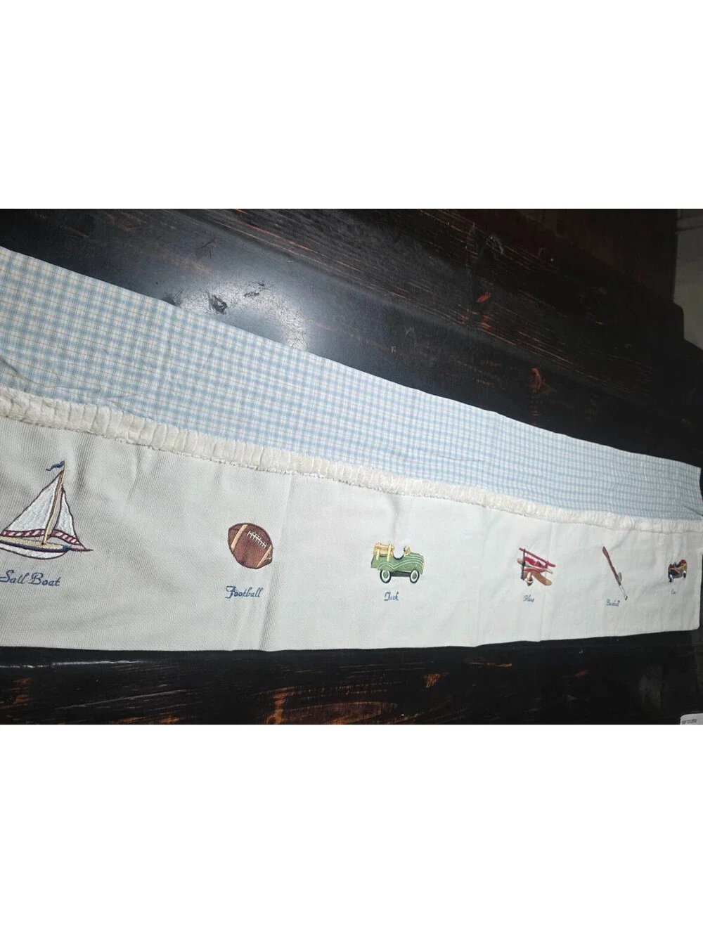Vintage Kids Embroided Gingham Window Valance Shabby Sports Boys Nursey 58'